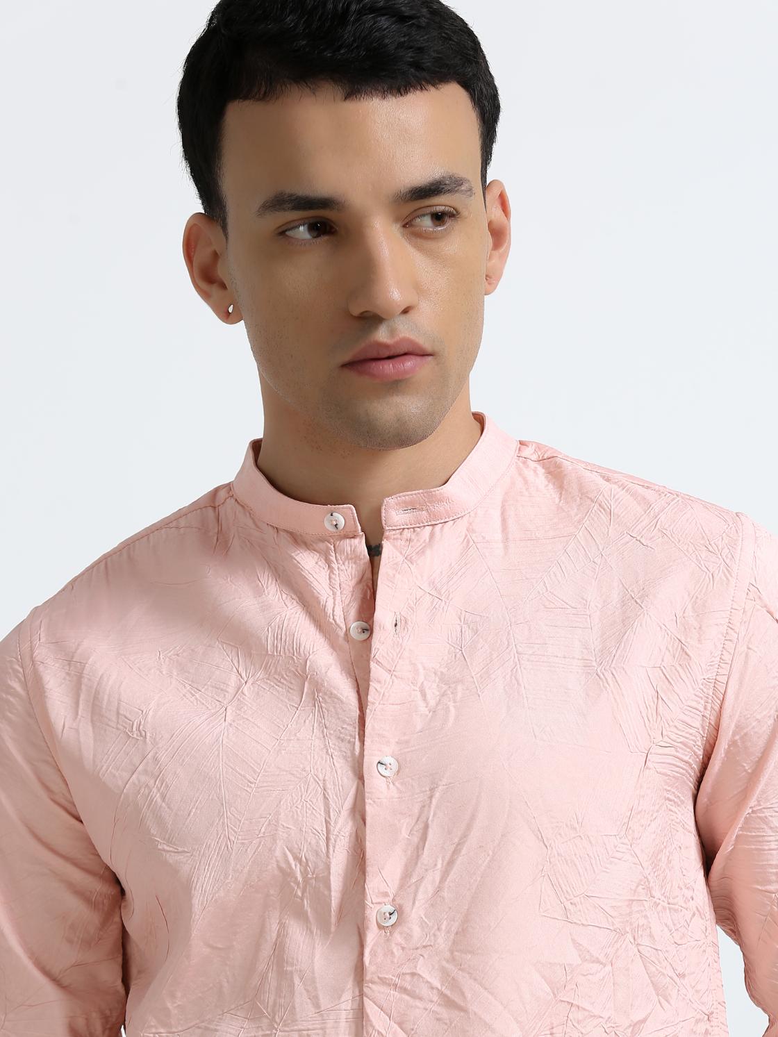 Peach Mandarin Collar Textured Shirt