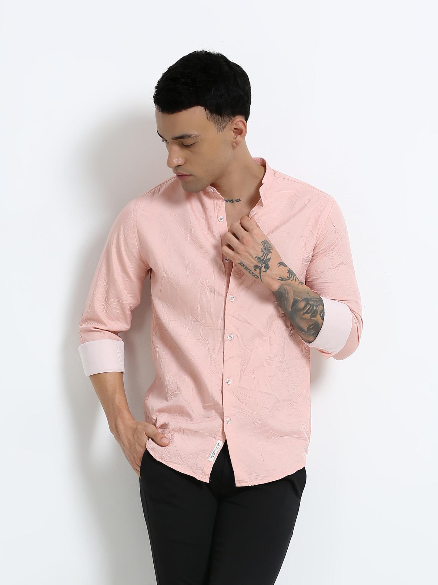Peach Mandarin Collar Textured Shirt