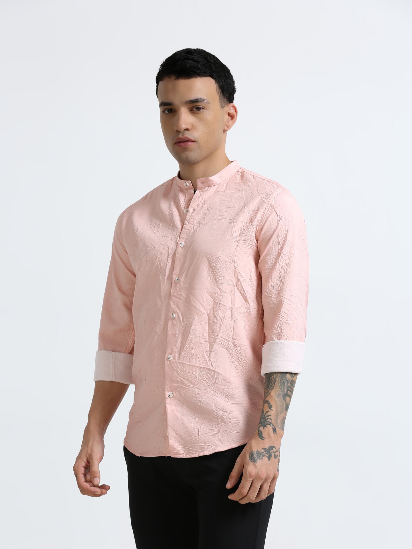 Peach Mandarin Collar Textured Shirt