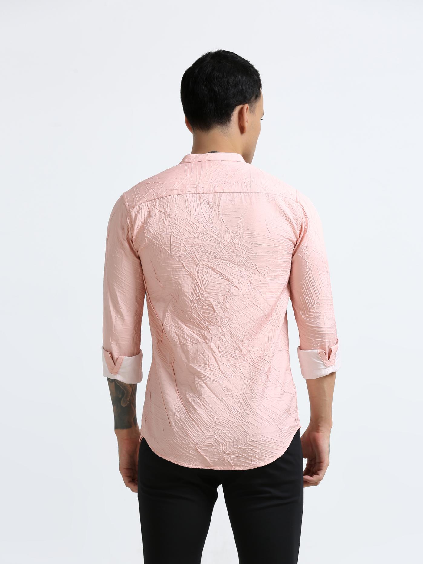 Peach Mandarin Collar Textured Shirt