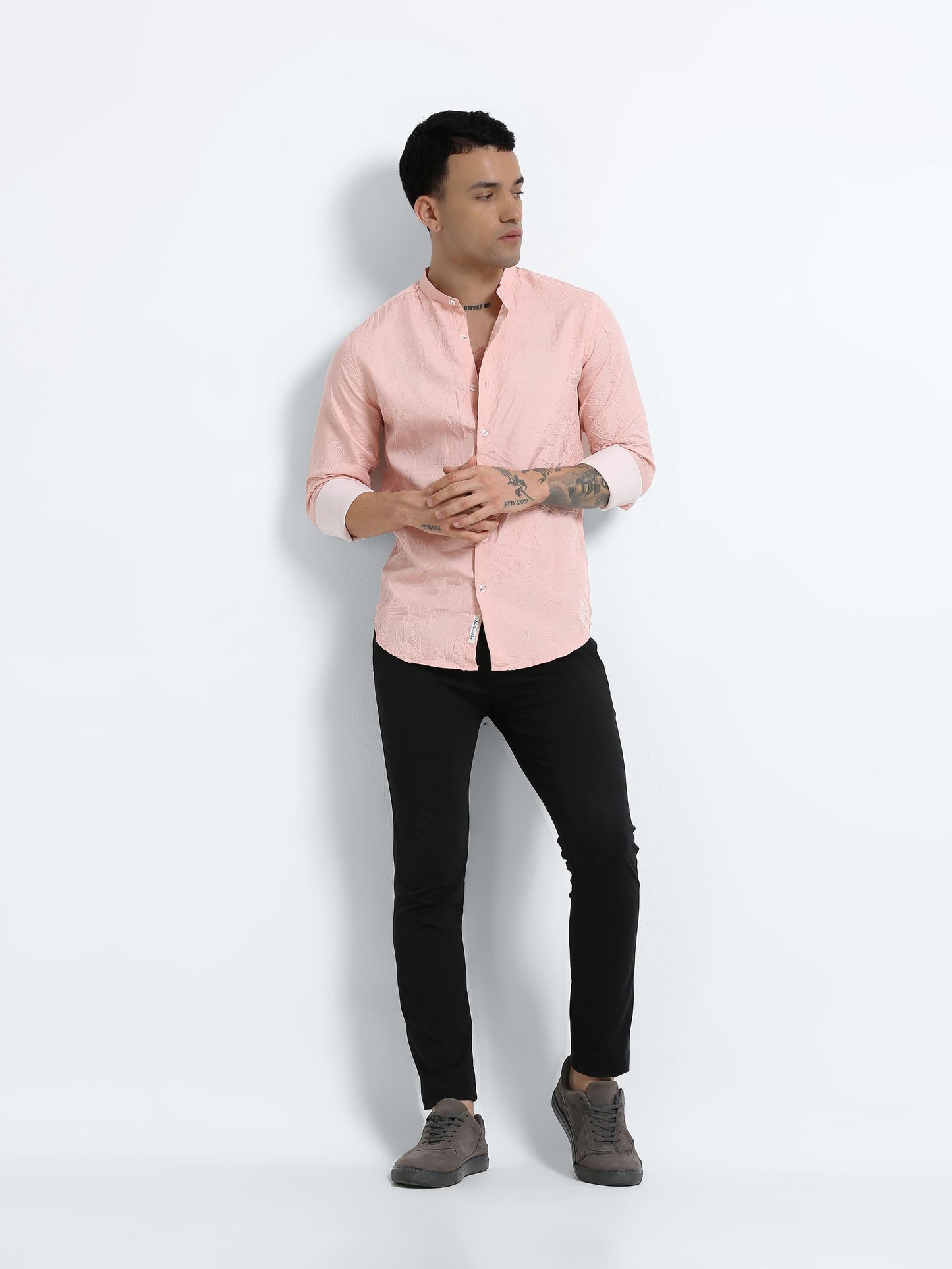 Peach Mandarin Collar Textured Shirt