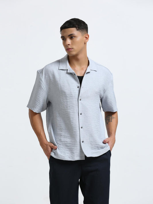Grey Cuban Collar Oversized Shirt