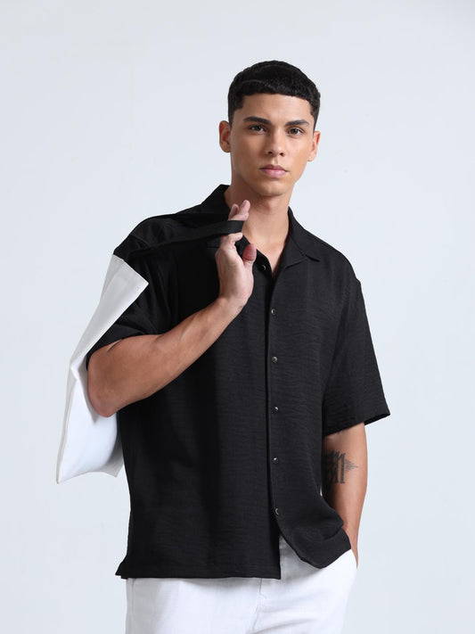 Black Cuban Collar Oversized Shirt