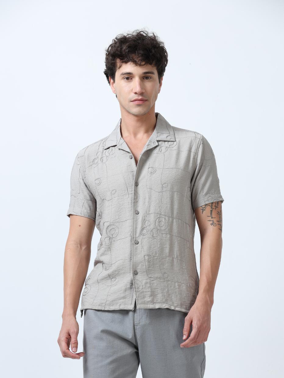 Grey Allover Embroidered Textured Shirt