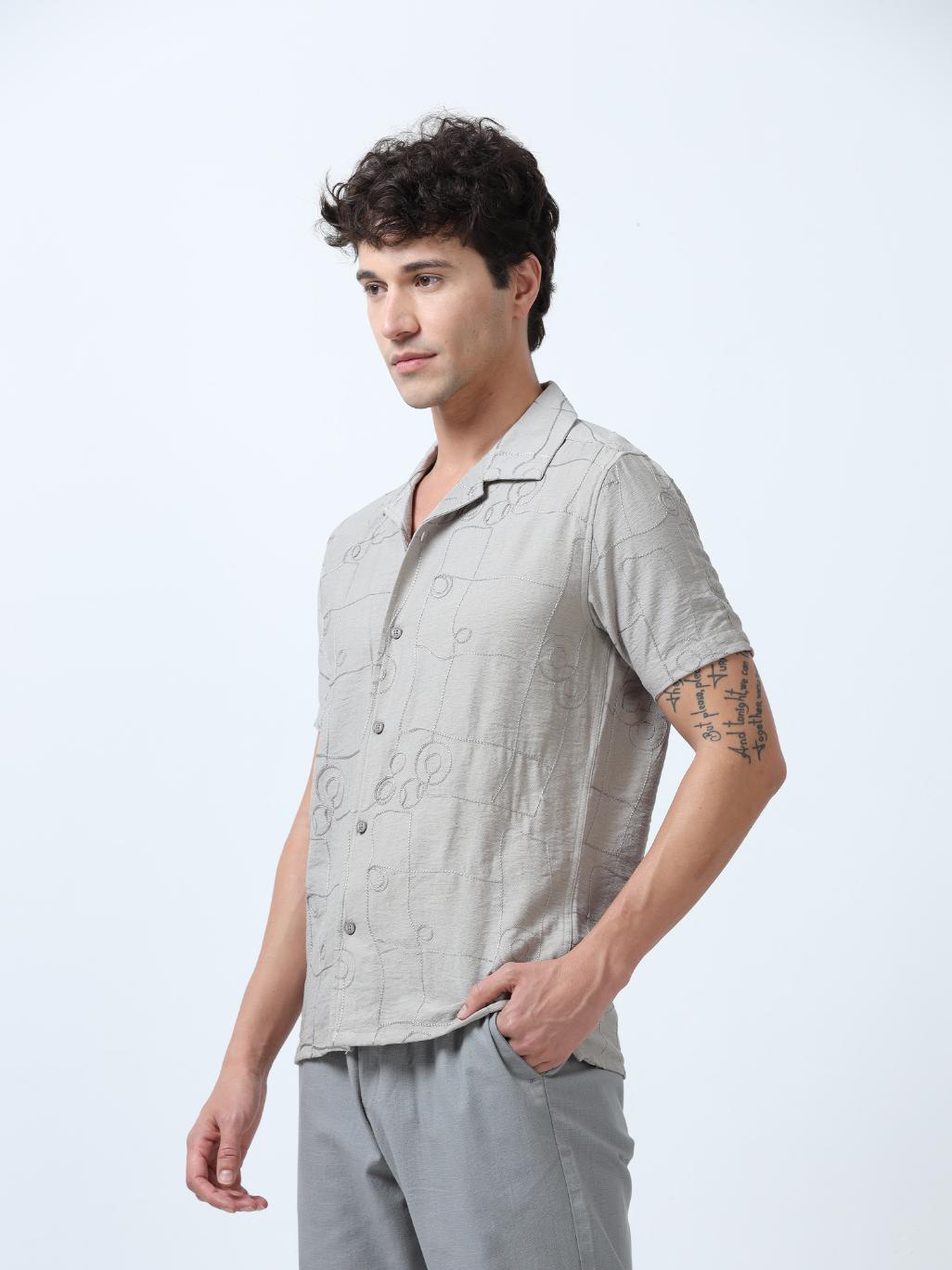 Grey Allover Embroidered Textured Shirt