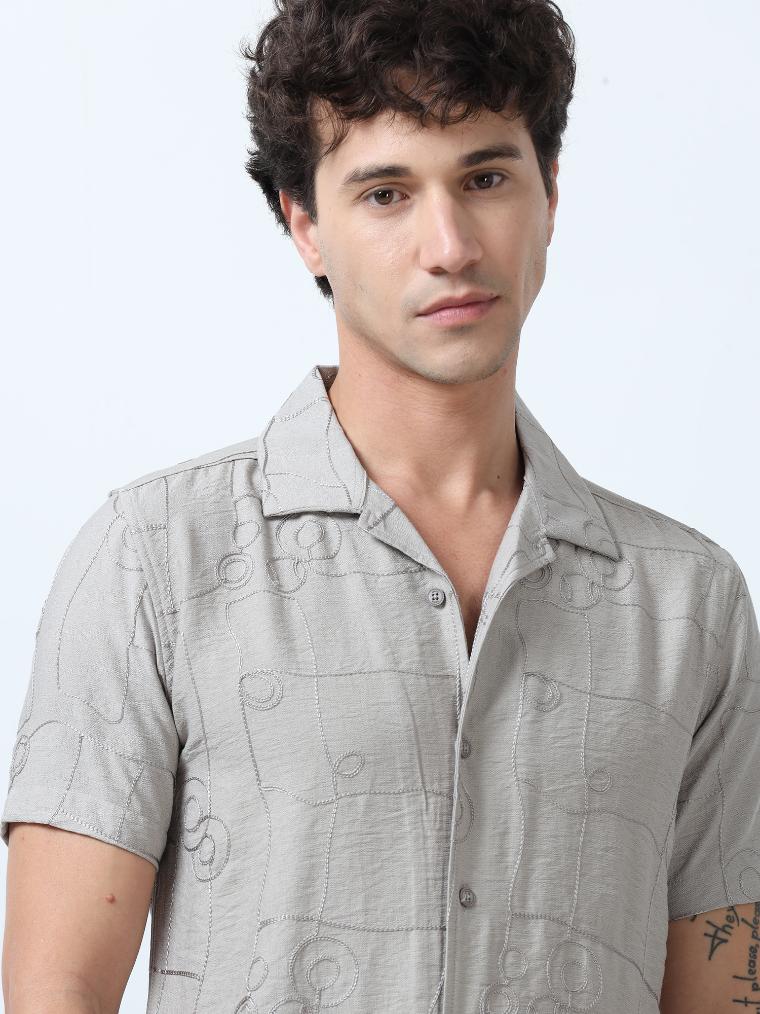 Grey Allover Embroidered Textured Shirt