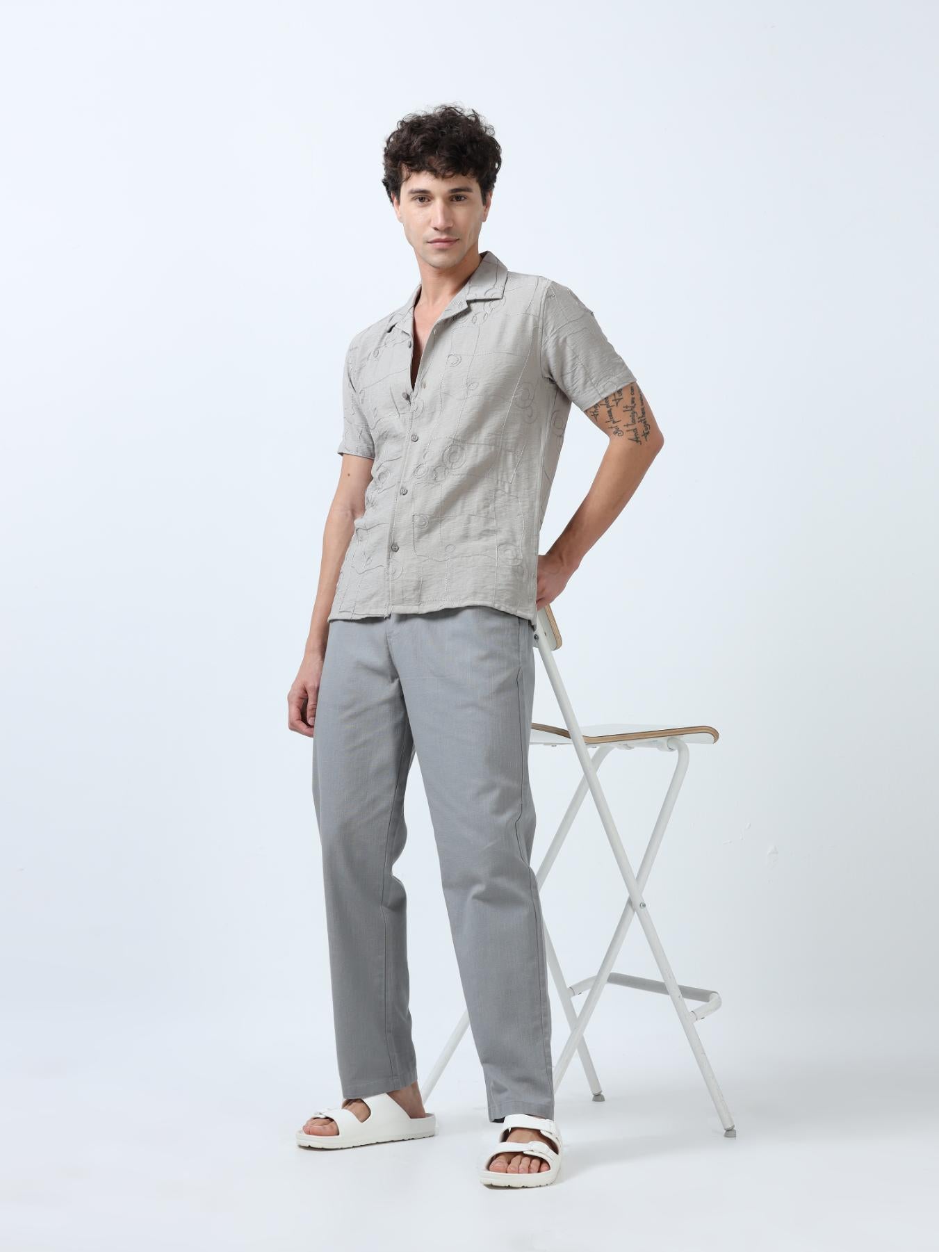 Grey Allover Embroidered Textured Shirt