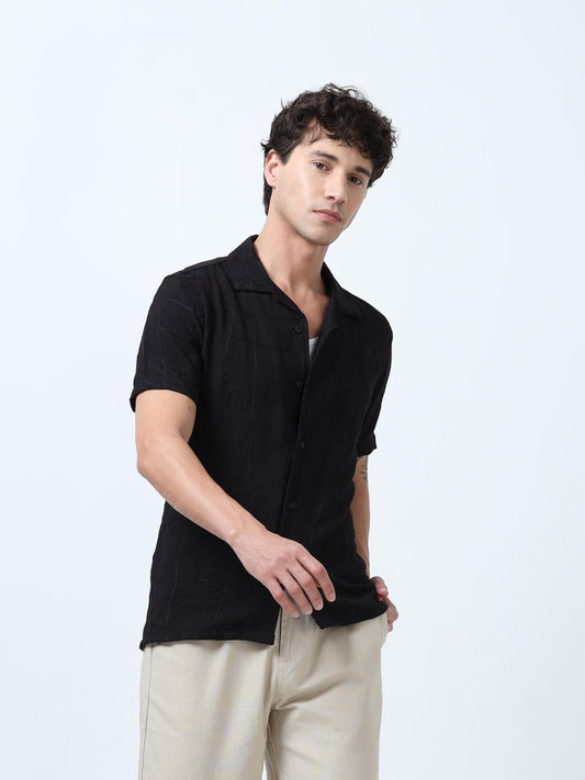 Black Allover Embroidered Textured Shirt