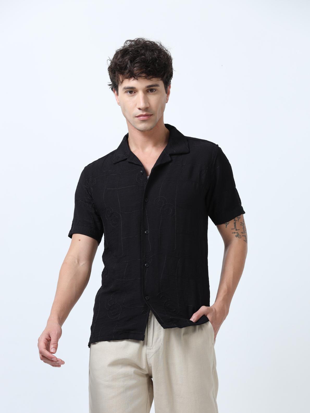 Black Allover Embroidered Textured Shirt