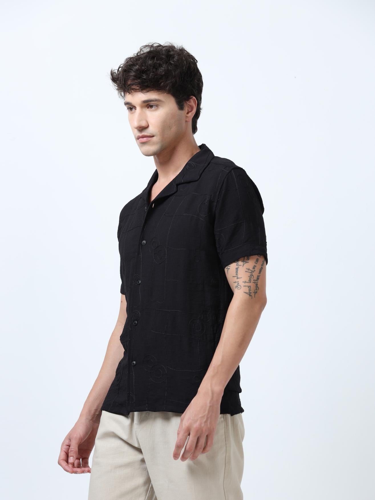Black Allover Embroidered Textured Shirt