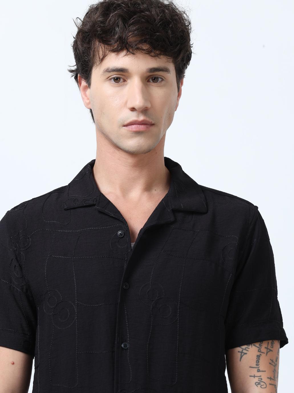 Black Allover Embroidered Textured Shirt