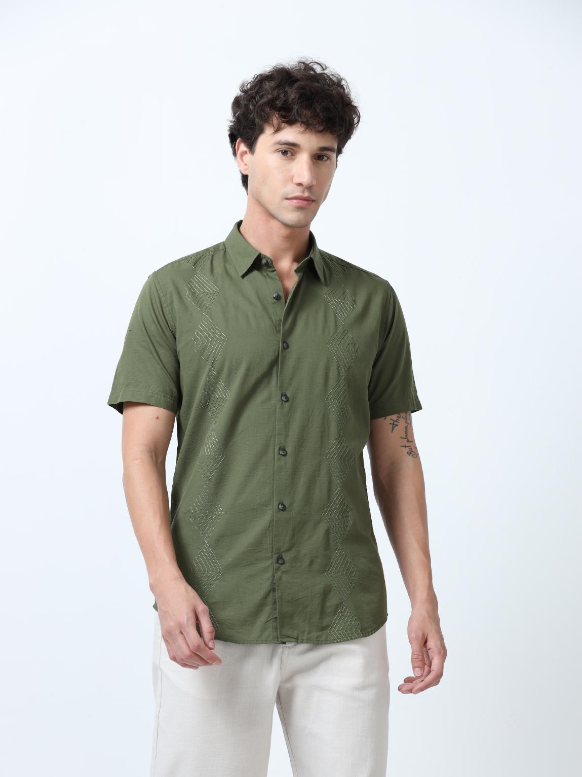 Olive Side Panelled Embroidered Shirt