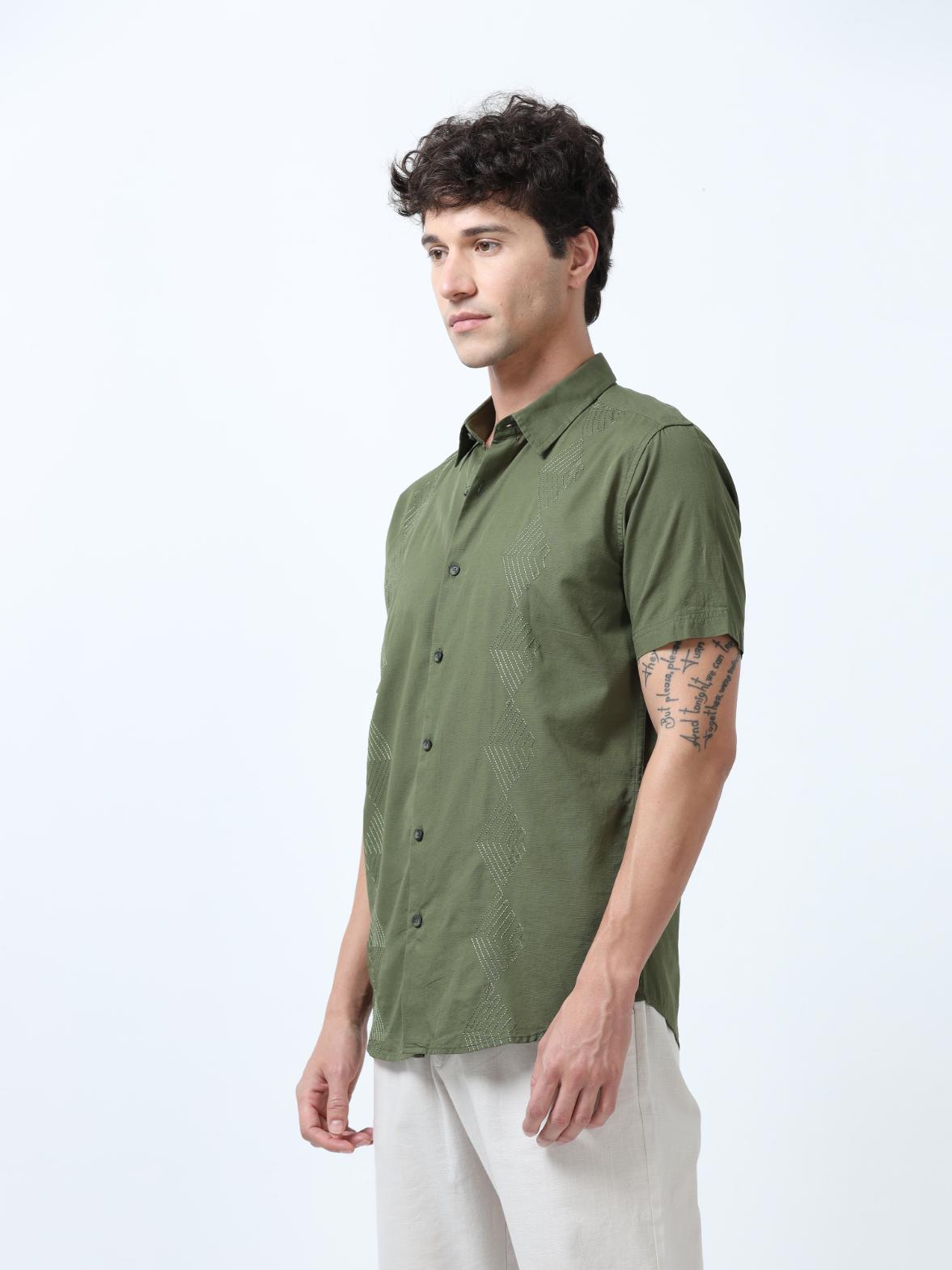 Olive Side Panelled Embroidered Shirt