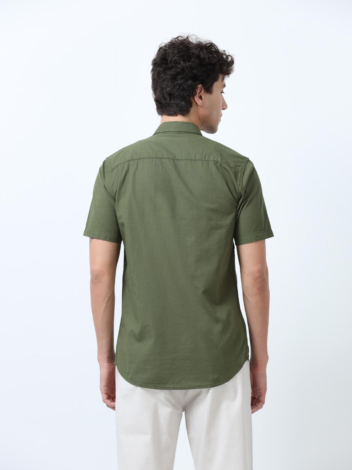 Olive Side Panelled Embroidered Shirt