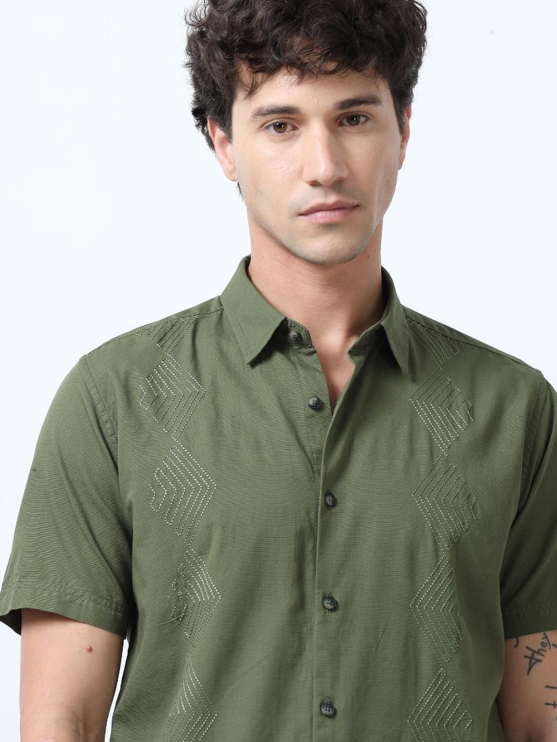 Olive Side Panelled Embroidered Shirt