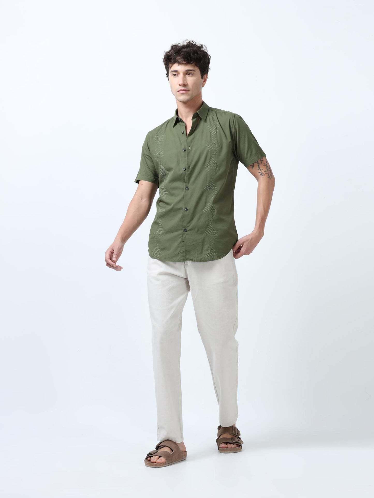 Olive Side Panelled Embroidered Shirt
