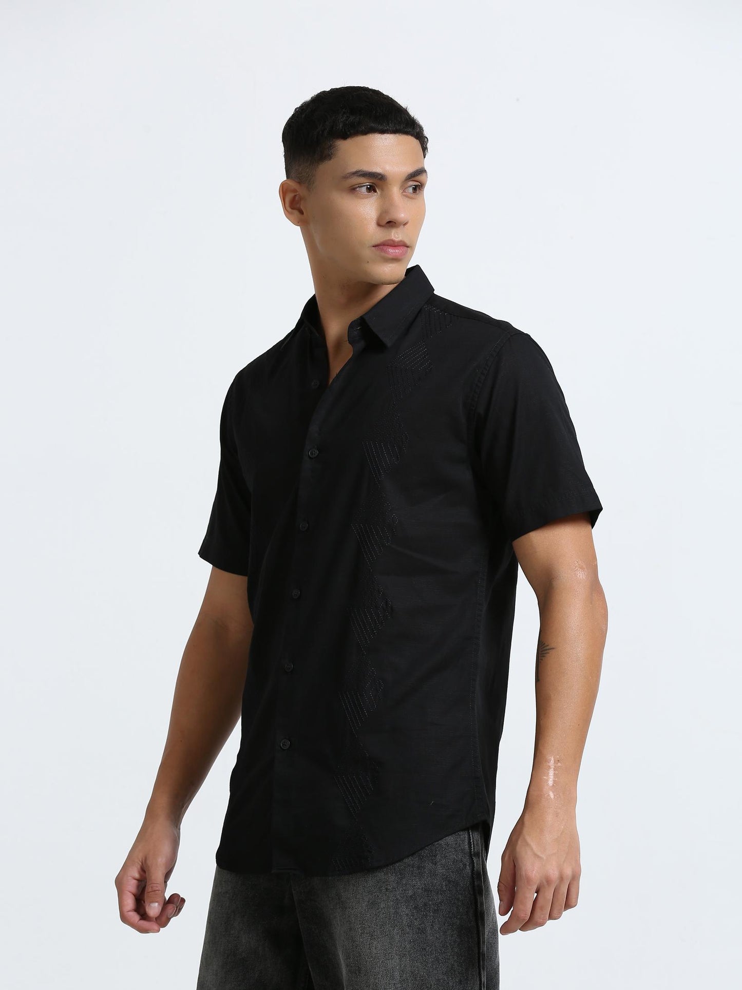 Black Side Panelled Embroidered Shirt
