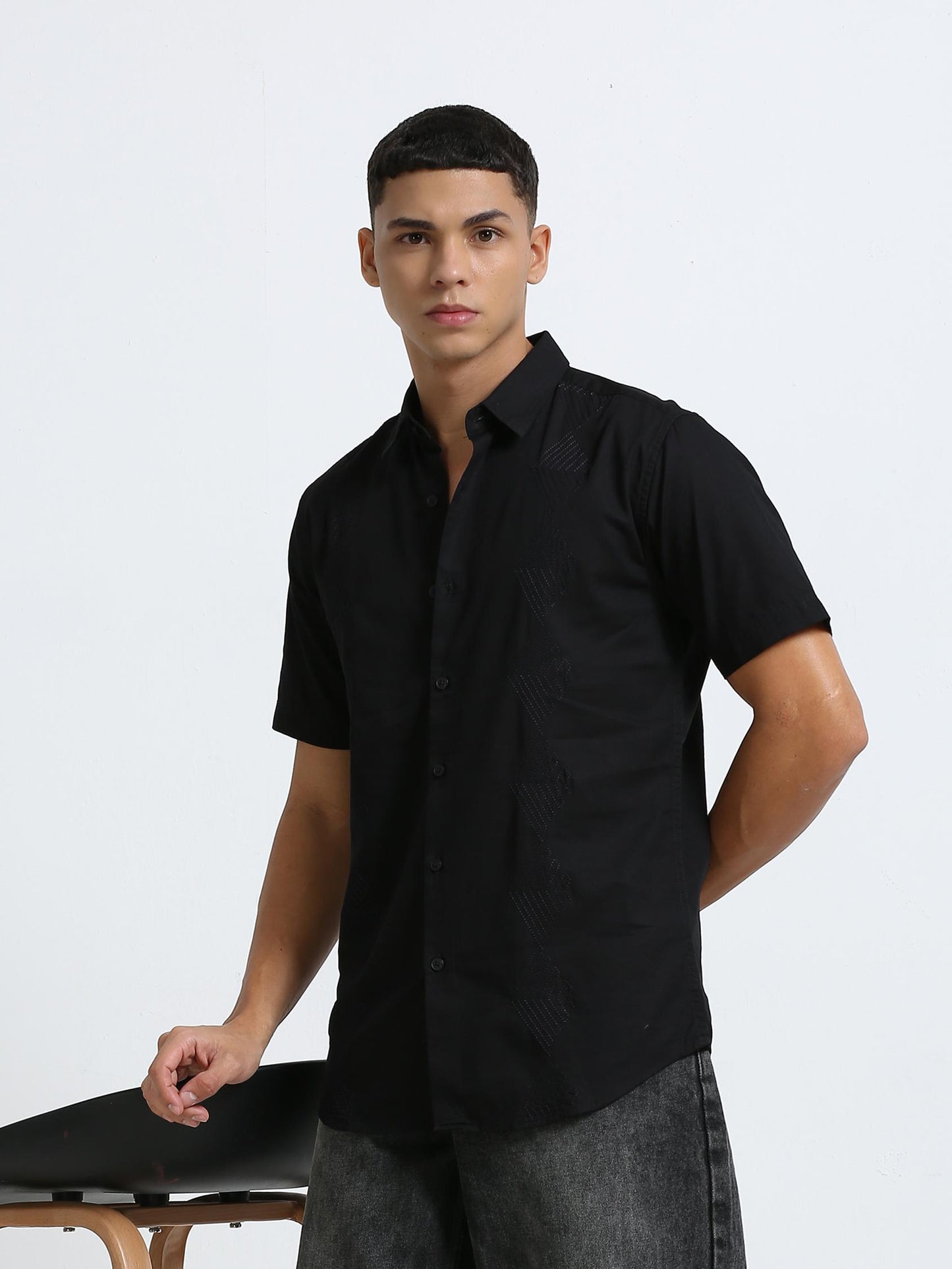 Black Side Panelled Embroidered Shirt