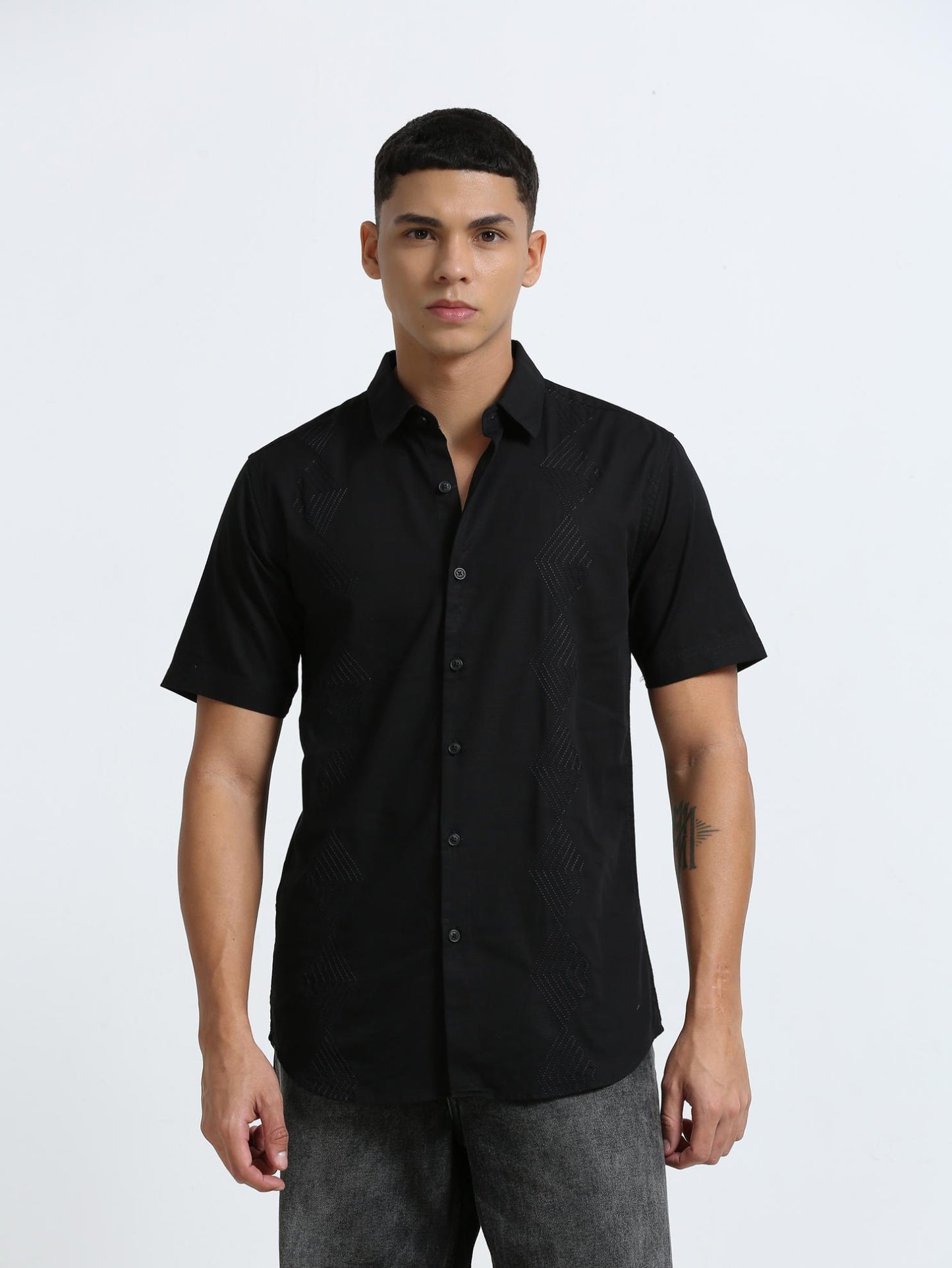 Black Side Panelled Embroidered Shirt