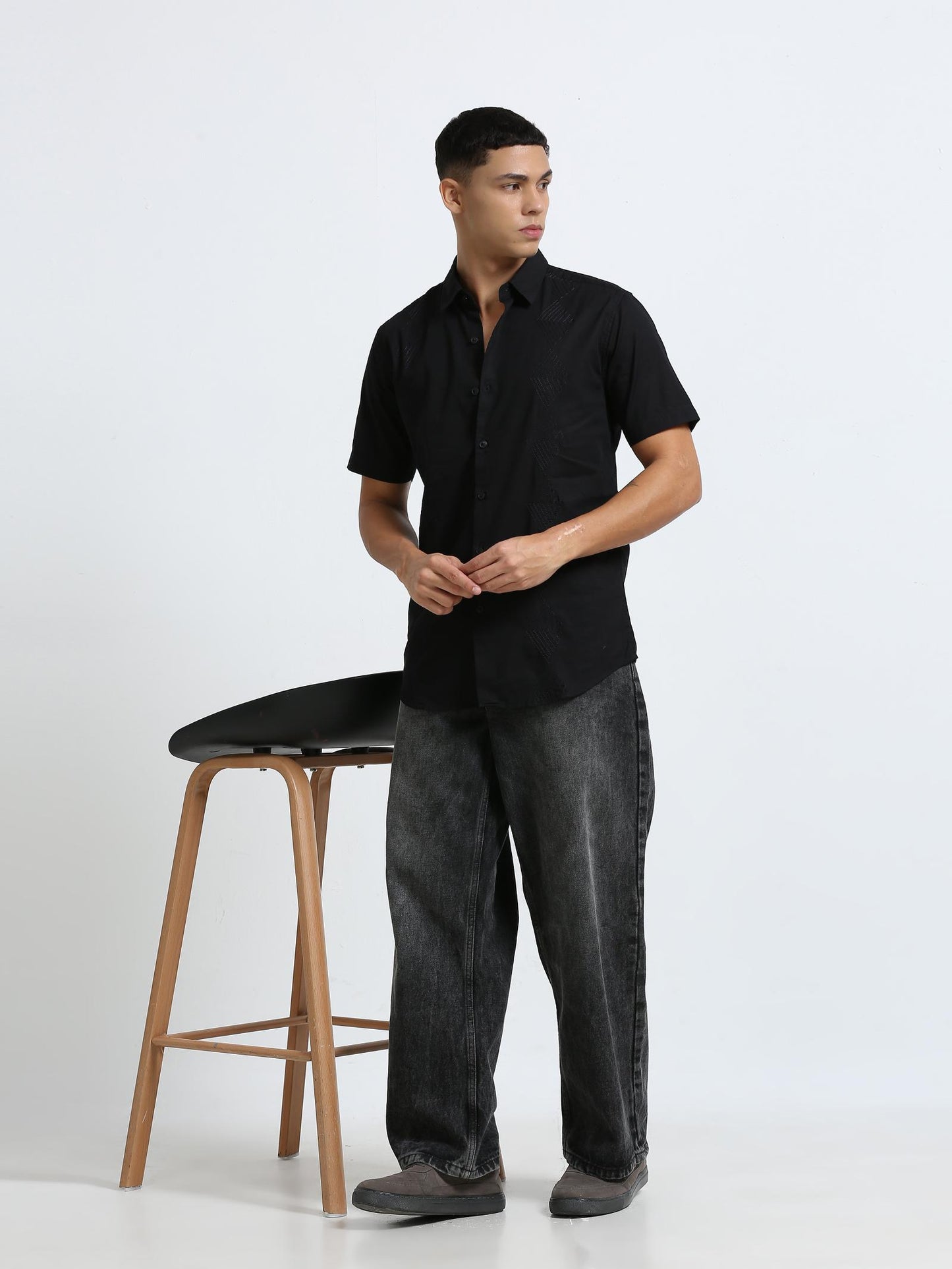 Black Side Panelled Embroidered Shirt