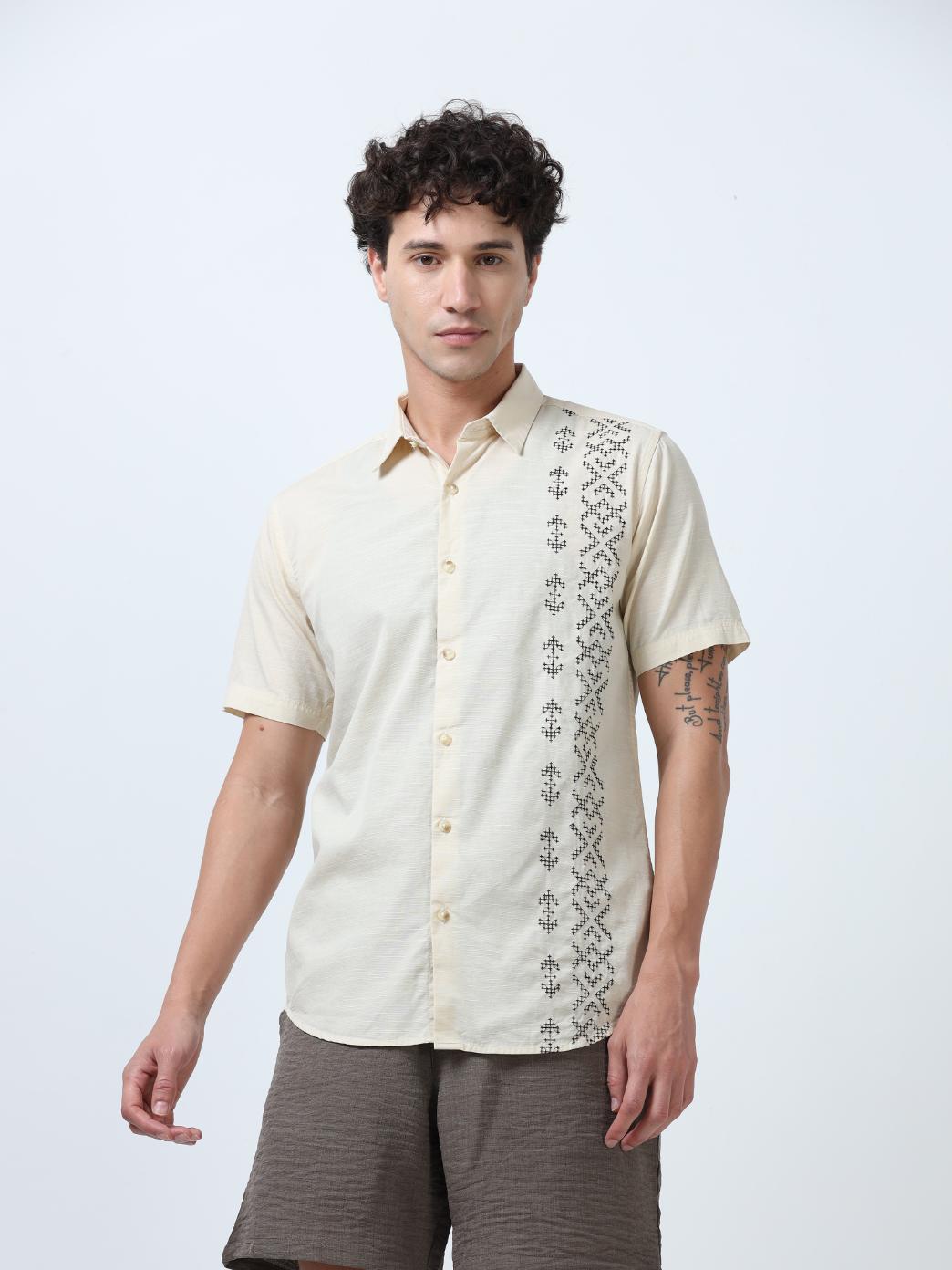 Off WhiteSide Panelled Embroidered Shirt
