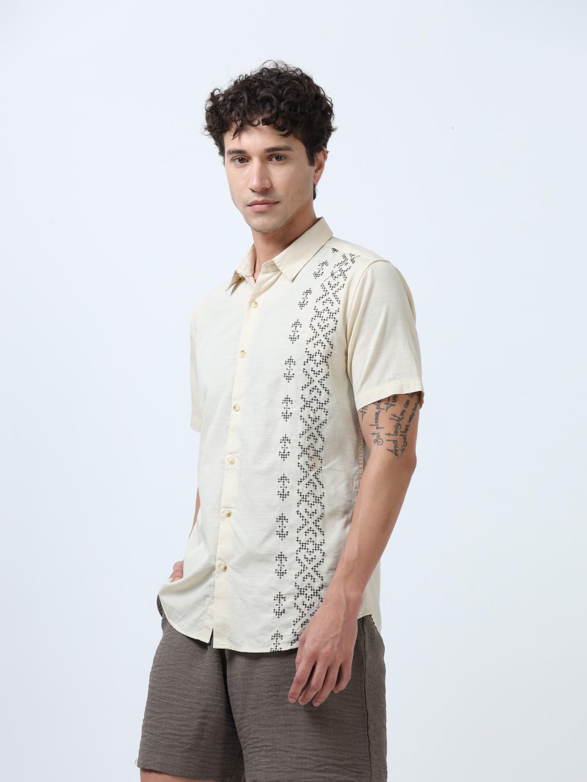 Off WhiteSide Panelled Embroidered Shirt