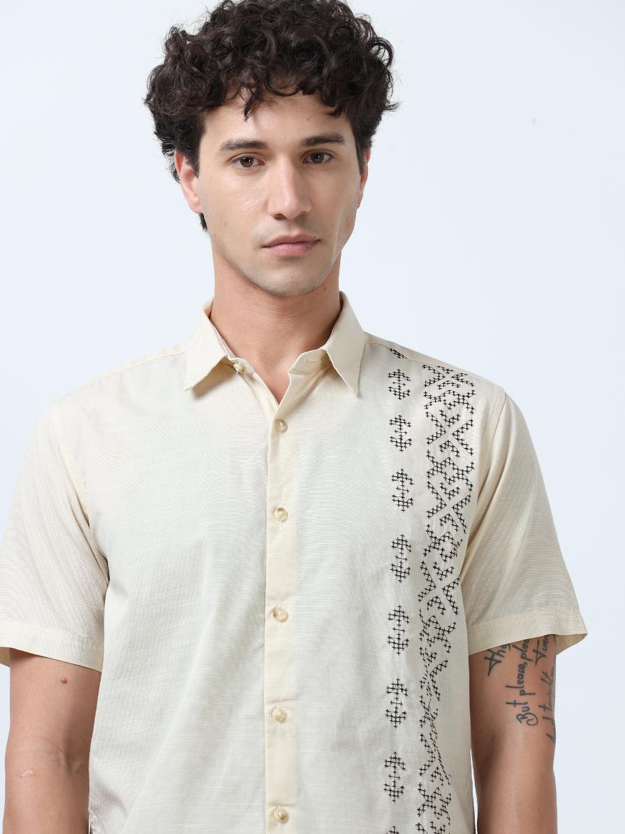 Off WhiteSide Panelled Embroidered Shirt