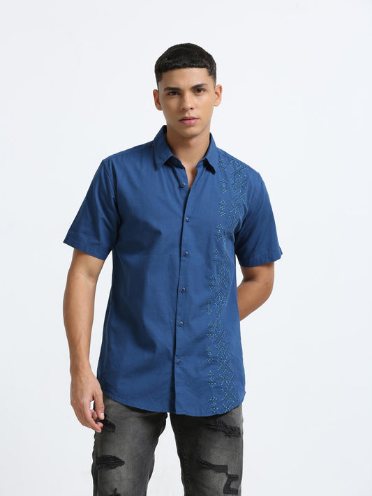 Blue Side Panelled Embroidered Shirt