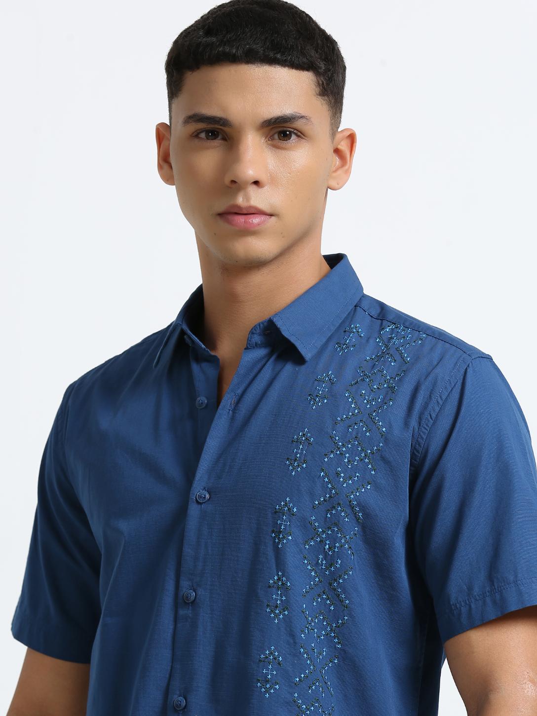 Blue Side Panelled Embroidered Shirt