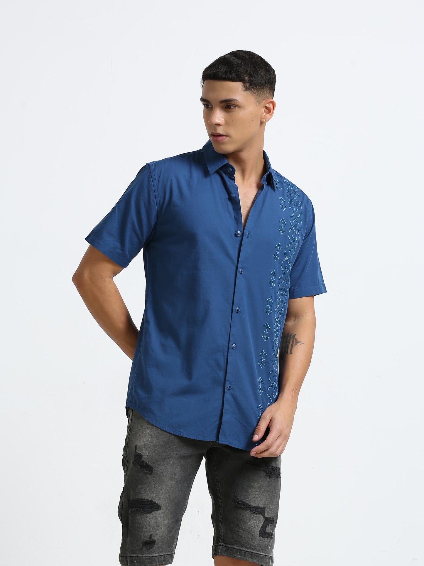 Blue Side Panelled Embroidered Shirt