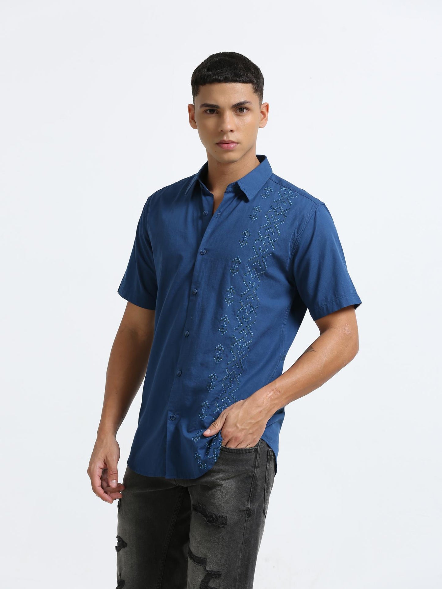 Blue Side Panelled Embroidered Shirt