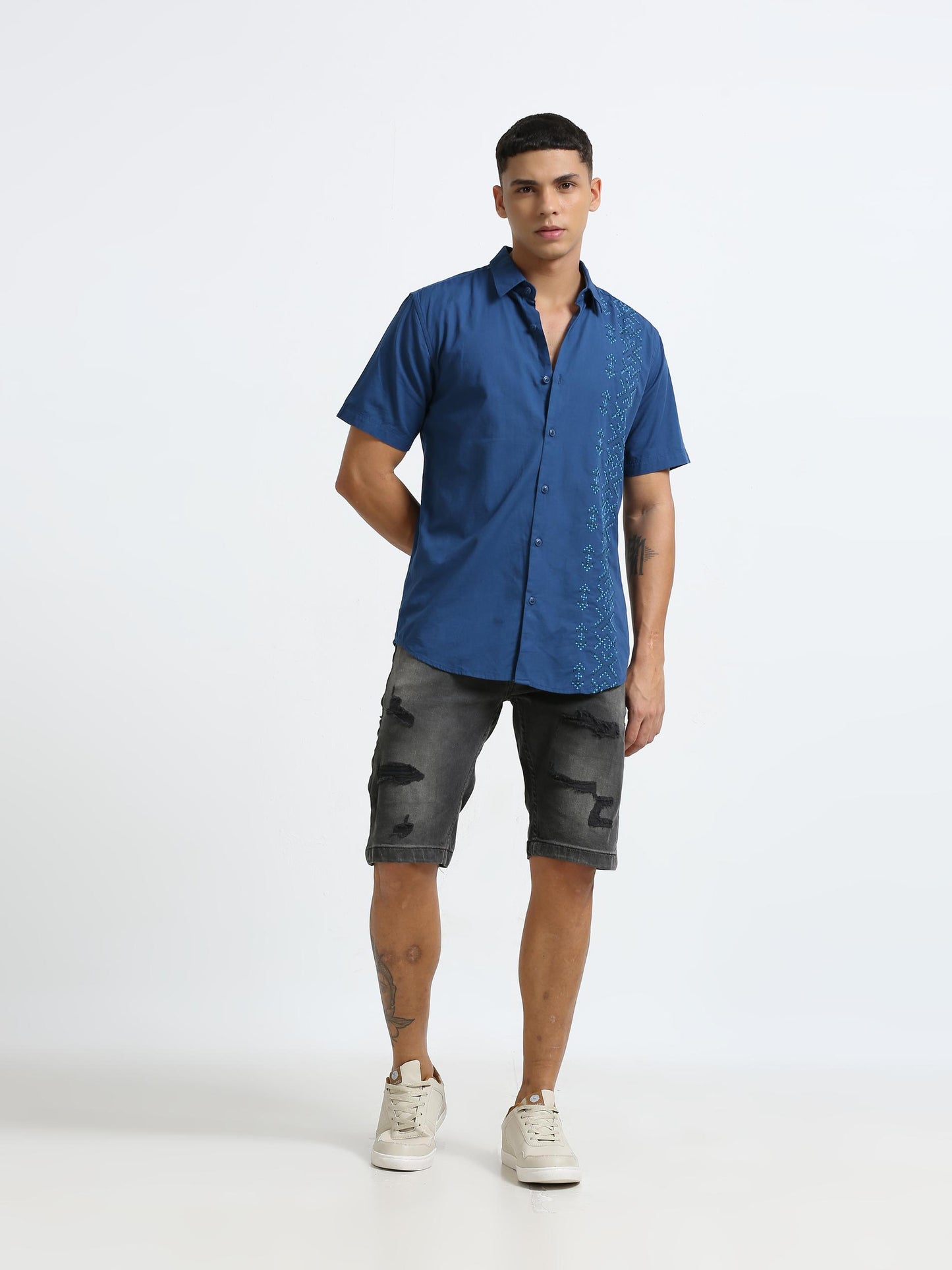 Blue Side Panelled Embroidered Shirt