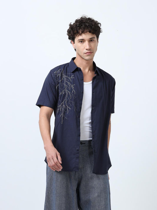 Blue Placement Embroidered Shirt