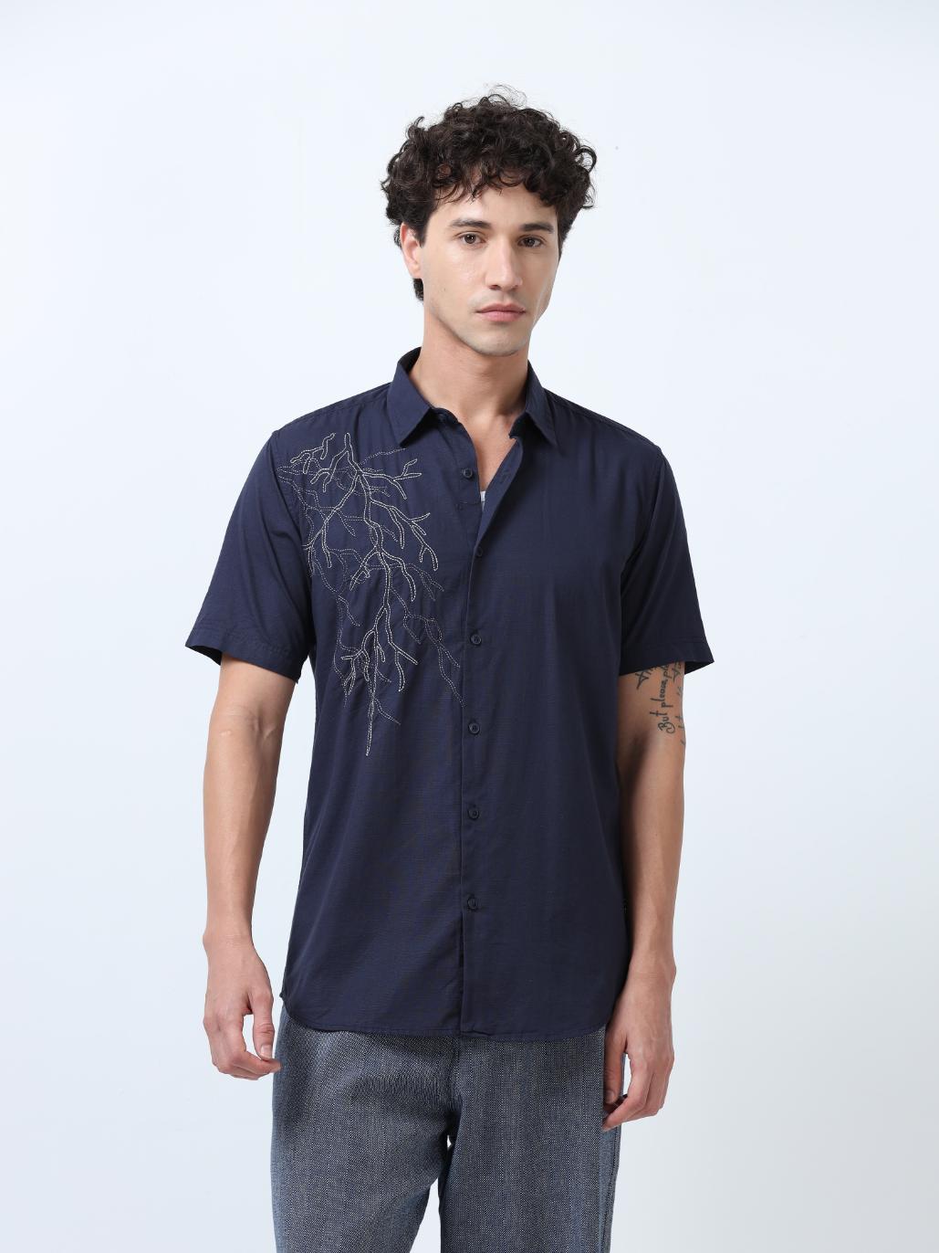 Blue Placement Embroidered Shirt