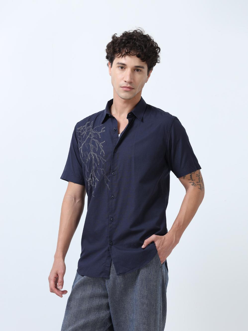 Blue Placement Embroidered Shirt
