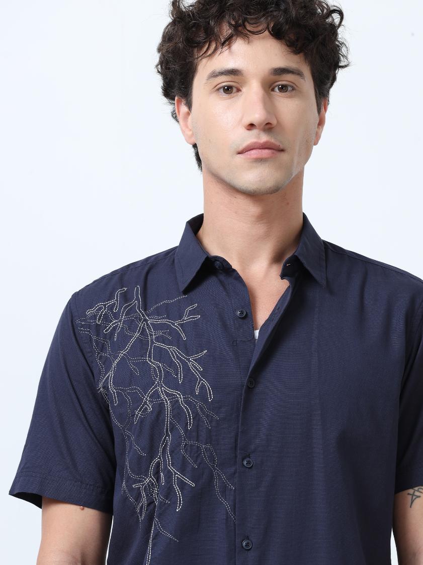 Blue Placement Embroidered Shirt