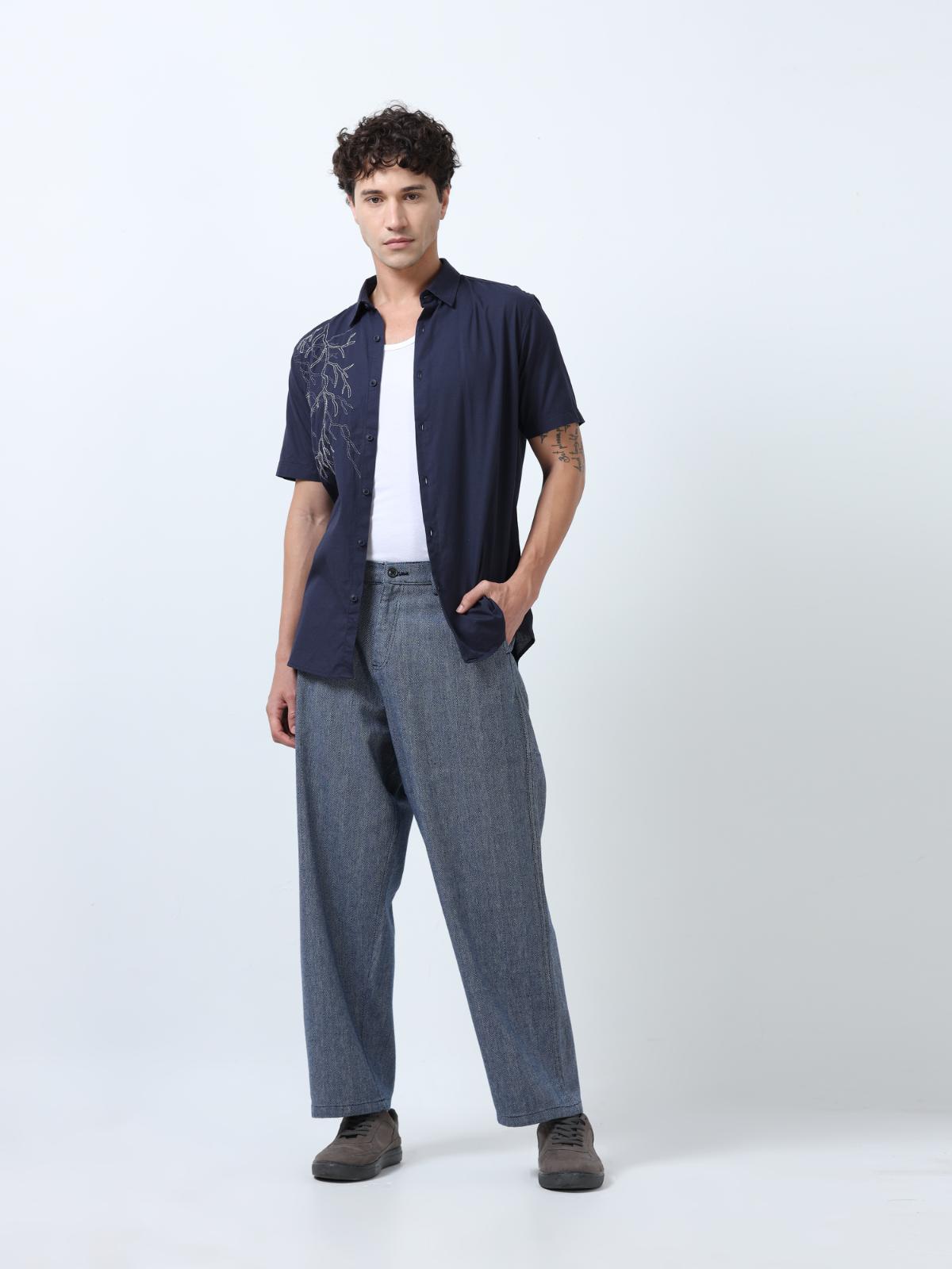 Blue Placement Embroidered Shirt