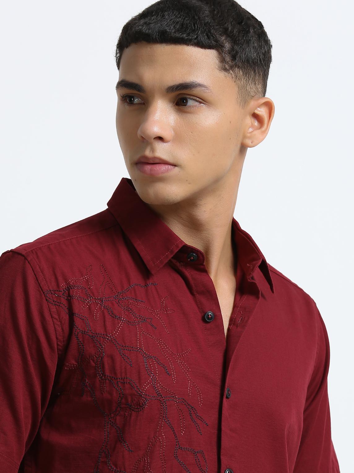 Maroon Placement Embroidered Shirt