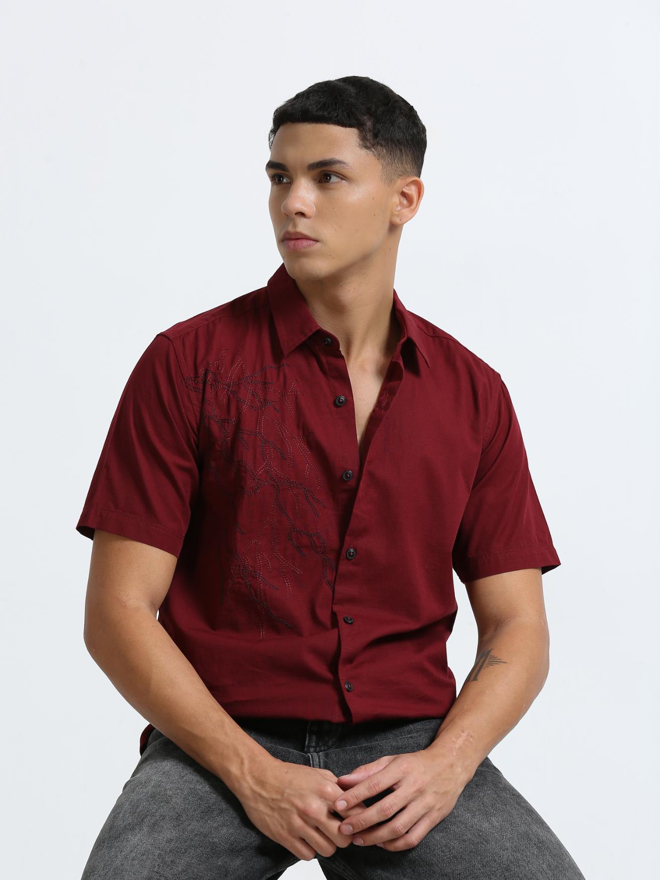 Maroon Placement Embroidered Shirt