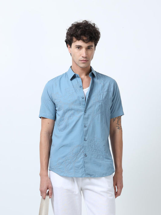 Blue Allover Embroidered Shirt