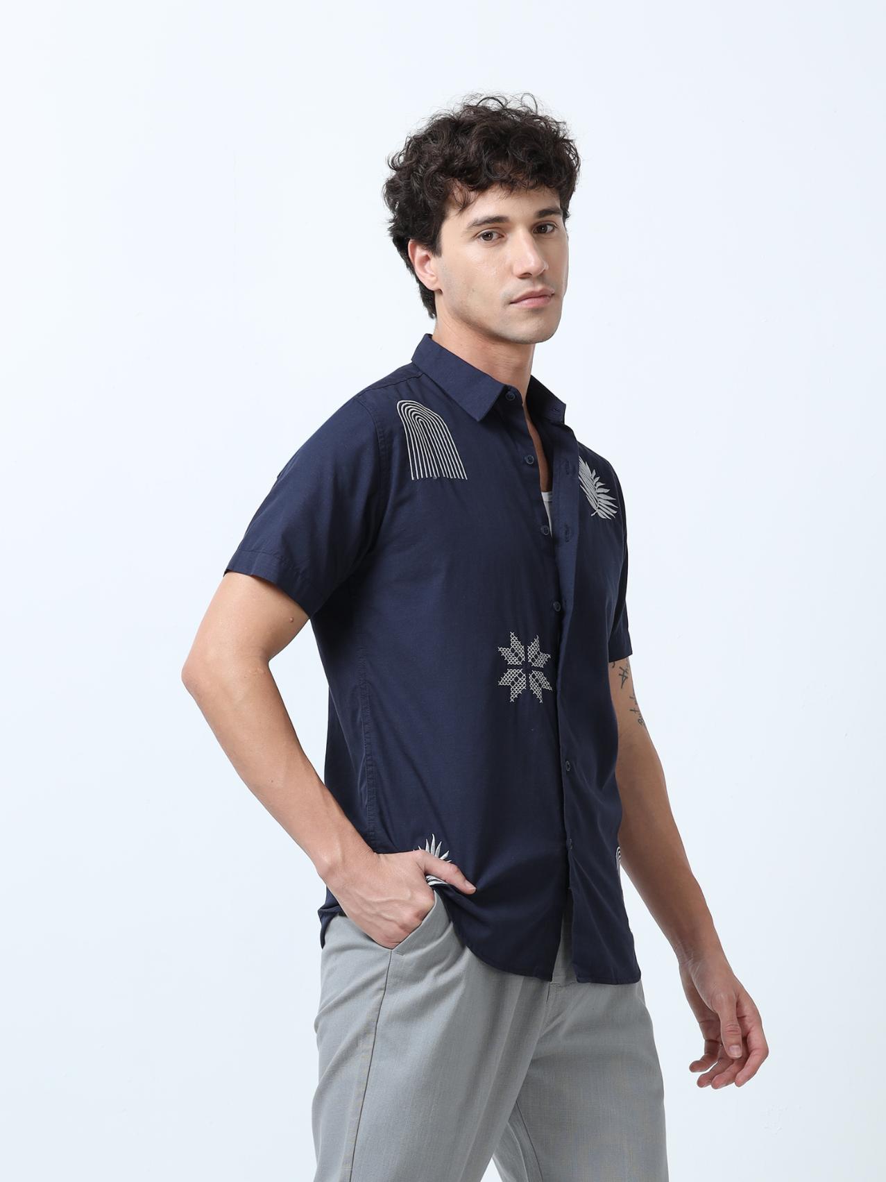 Indigo Blue Motif Embroidered Shirt