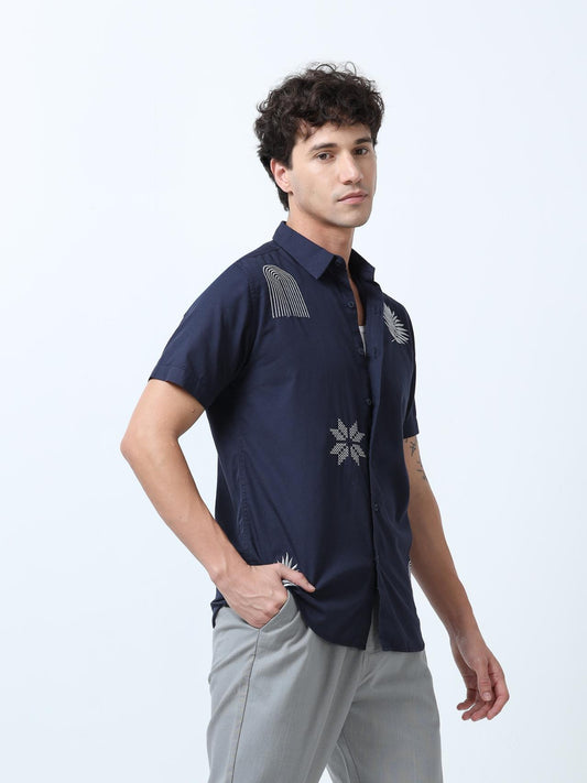 Indigo Blue Motif Embroidered Shirt