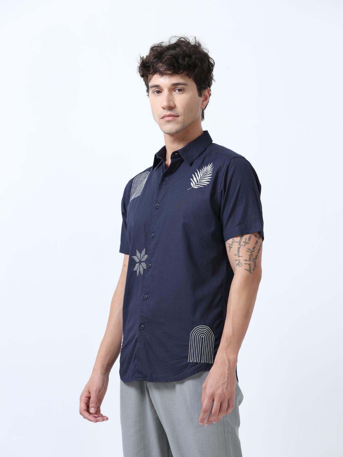 Indigo Blue Motif Embroidered Shirt