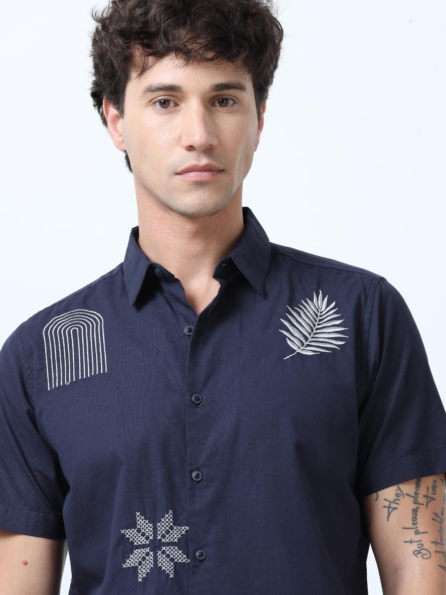 Indigo Blue Motif Embroidered Shirt