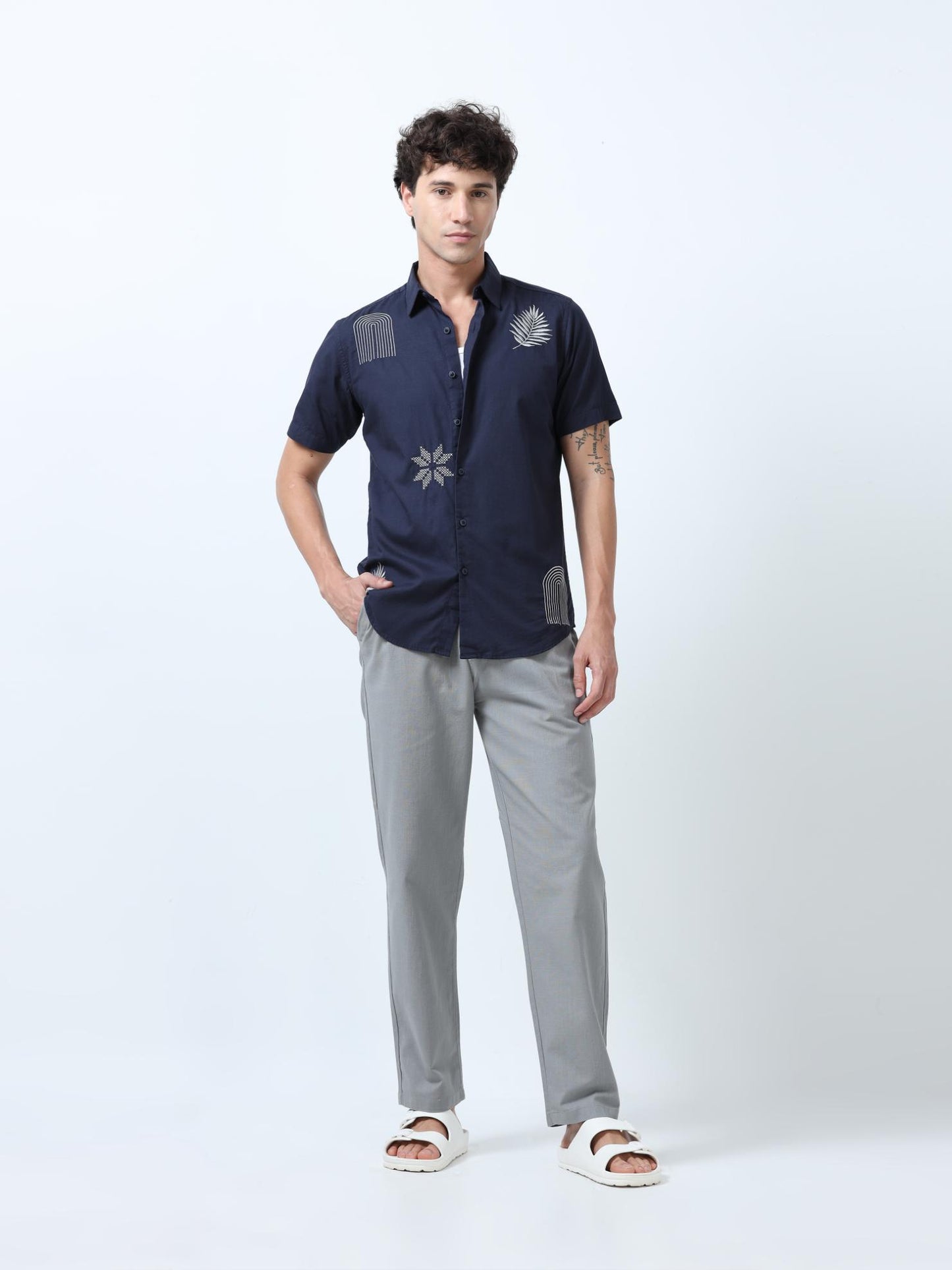 Indigo Blue Motif Embroidered Shirt