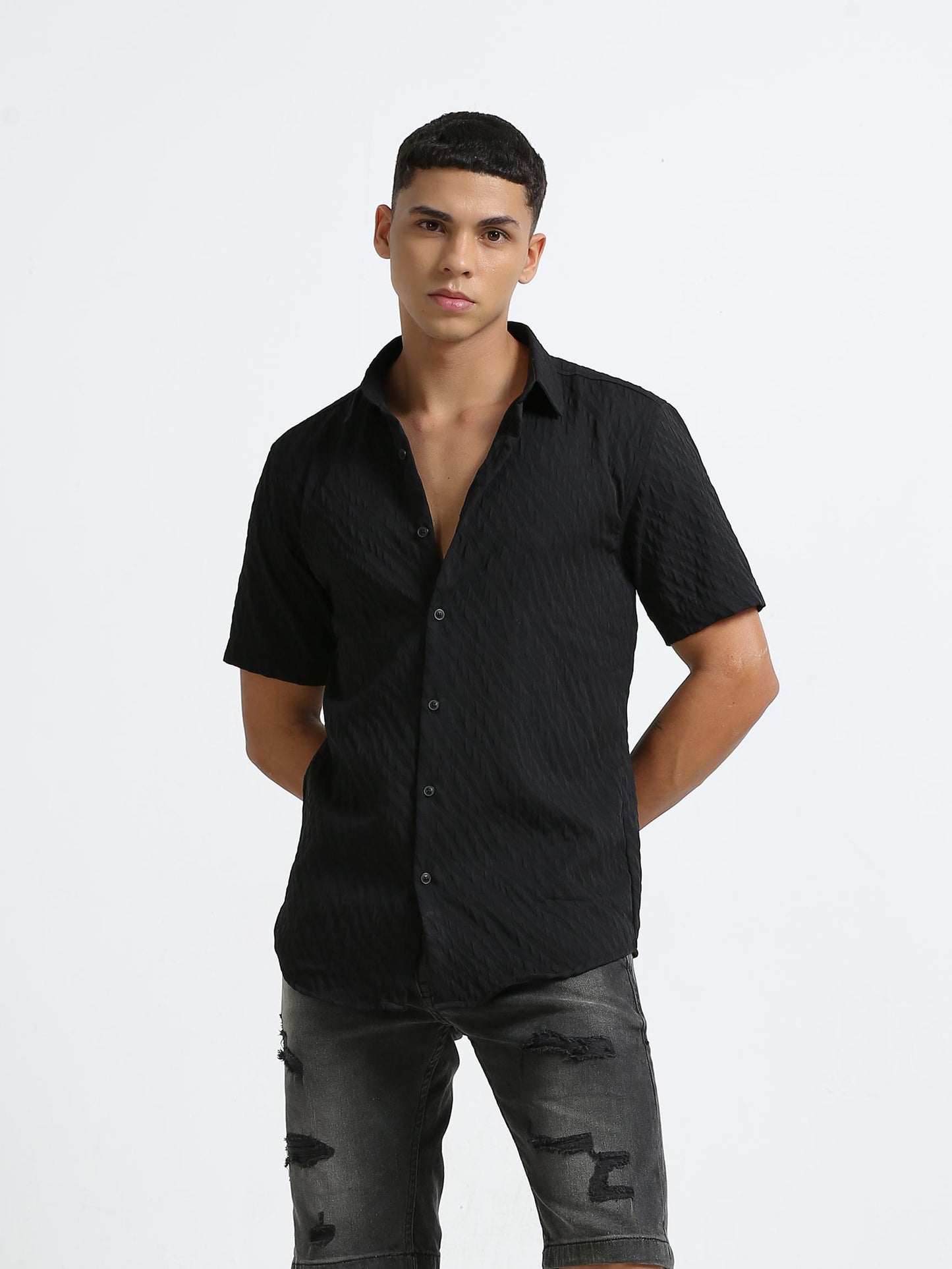 Midnight Black Plain Textured Shirt
