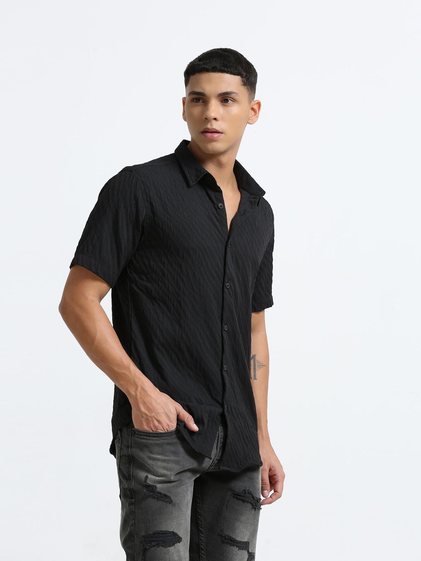 Midnight Black Plain Textured Shirt