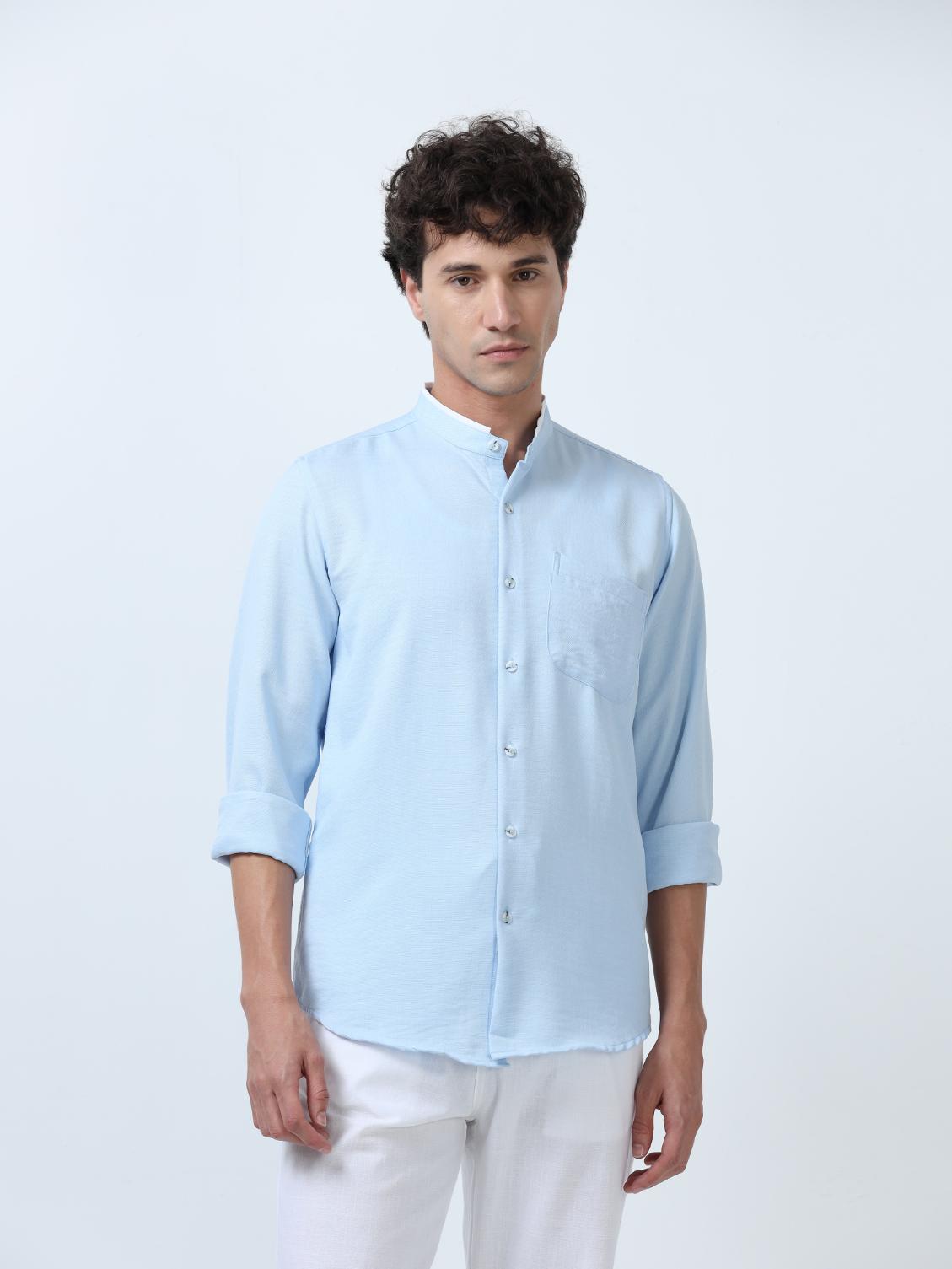 Sky Blue Plain Mandarin Collar Shirt