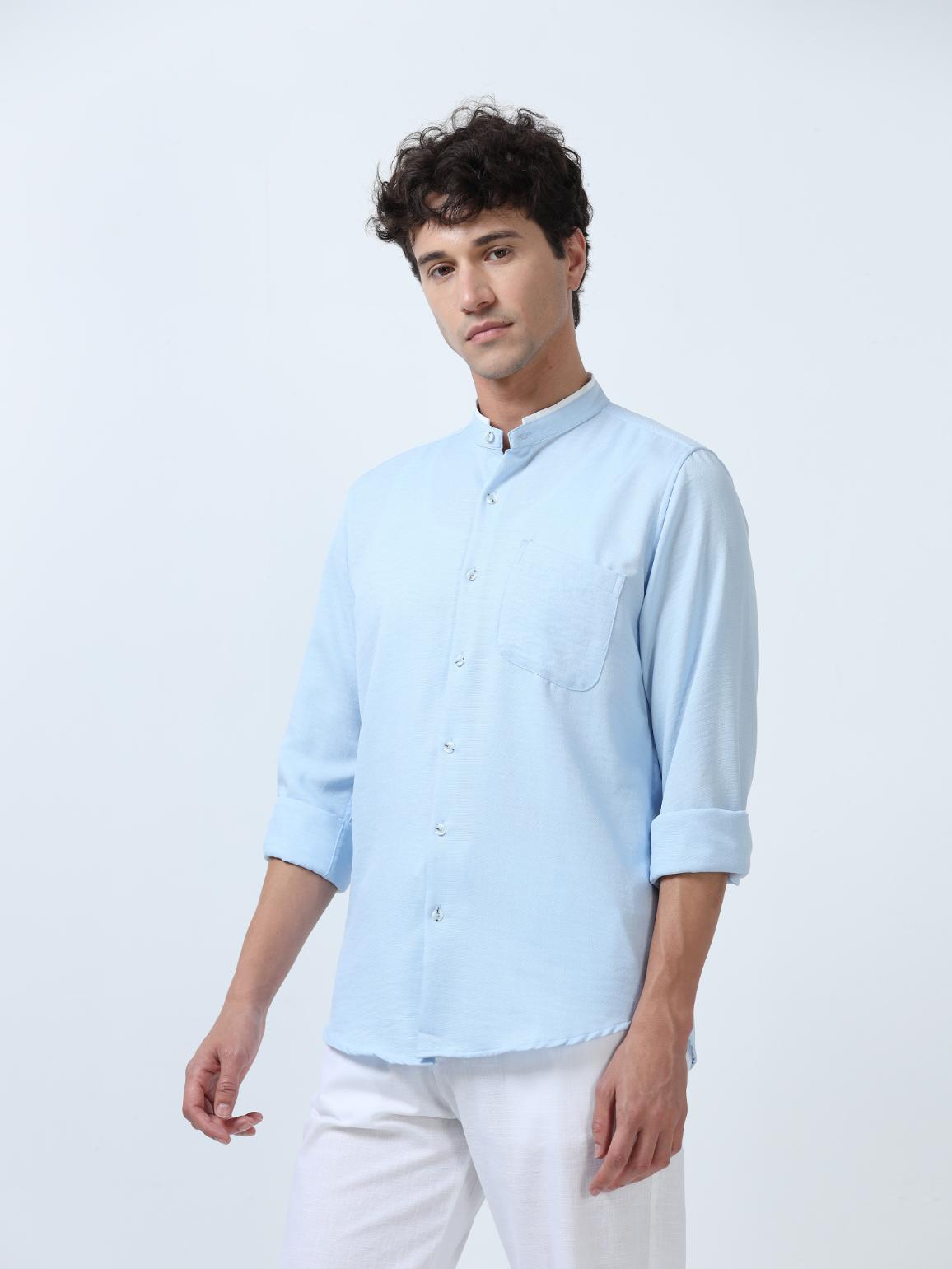 Sky Blue Plain Mandarin Collar Shirt
