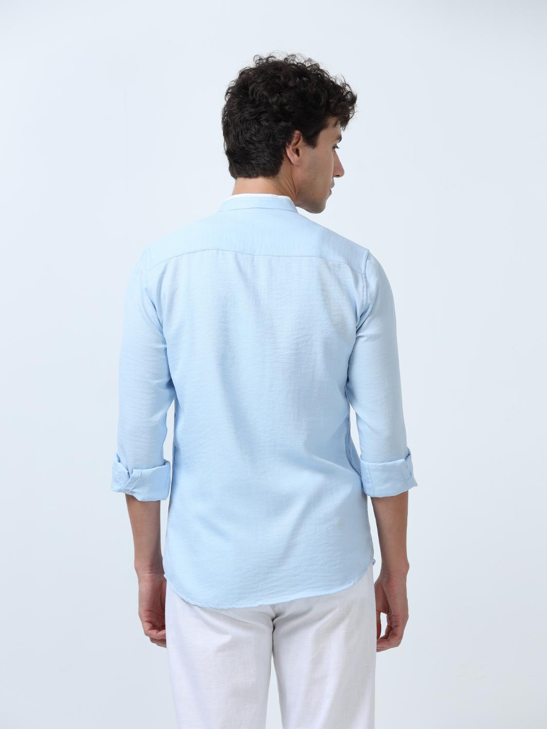 Sky Blue Plain Mandarin Collar Shirt